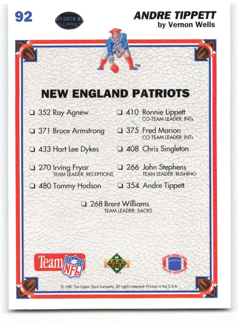 1991 Upper Deck #92 Andre Tippett NM-MT New England Patriots Football Card - Football Card Single