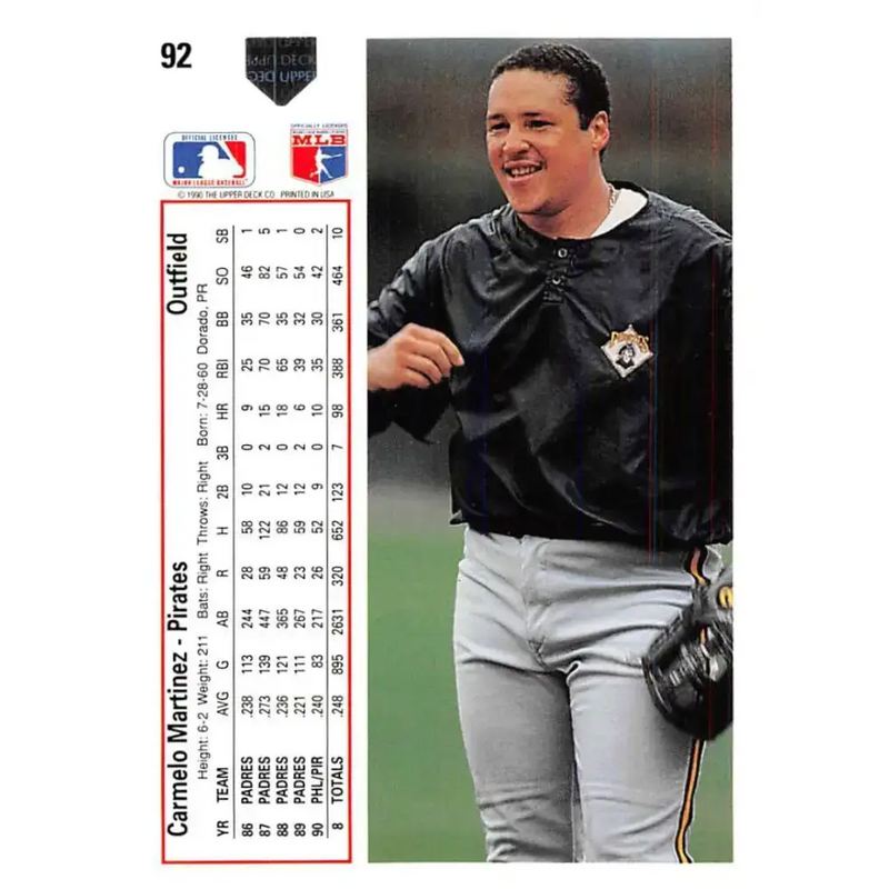 1991 Upper Deck #92 Carmelo Martinez NM-MT Pittsburgh Pirates Baseball Card - Baseball Card Single