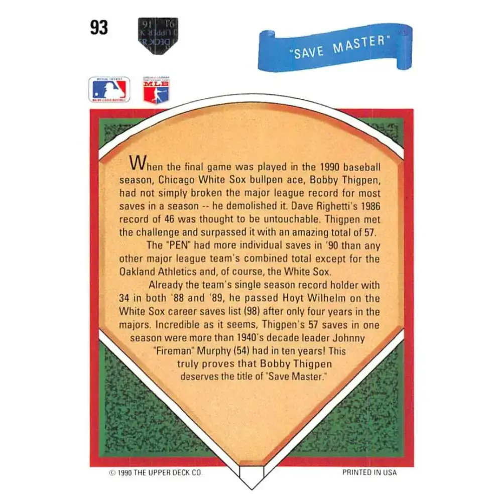 1991 Upper Deck #93 Bobby Thigpen NM-MT Chicago White Sox Baseball Card - Baseball Card Single
