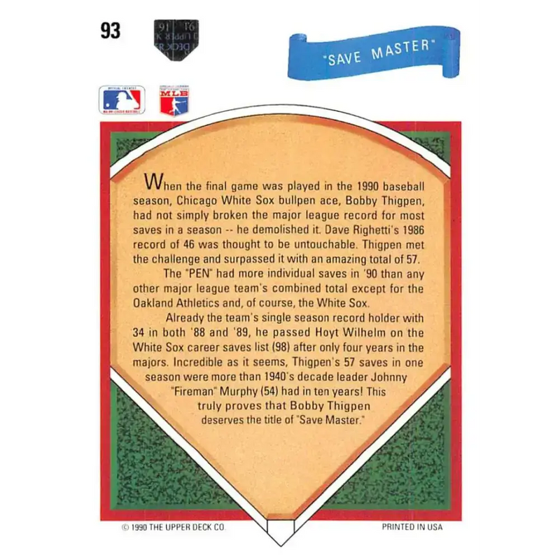 1991 Upper Deck #93 Bobby Thigpen NM-MT Chicago White Sox Baseball Card - Baseball Card Single