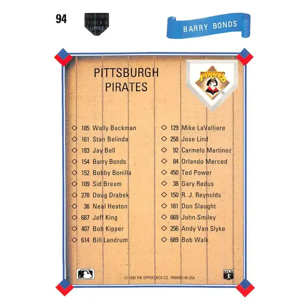 1991 Upper Deck #94 Barry Bonds EX Excellent Pittsburgh Pirates Baseball Card - Baseball Card Single