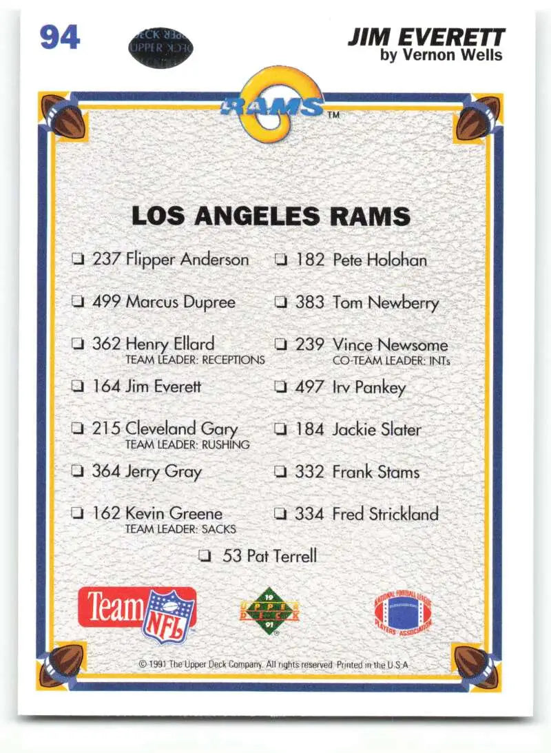 1991 Upper Deck #94 Jim Everett NM-MT Los Angeles Rams Football Card - Football Card Single