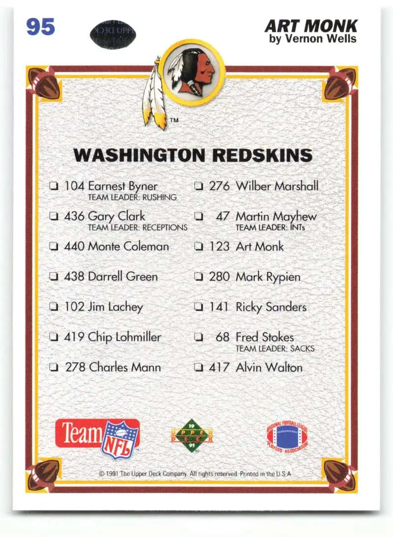 1991 Upper Deck #95 Art Monk NM-MT Washington Redskins Football Card - Football Card Single