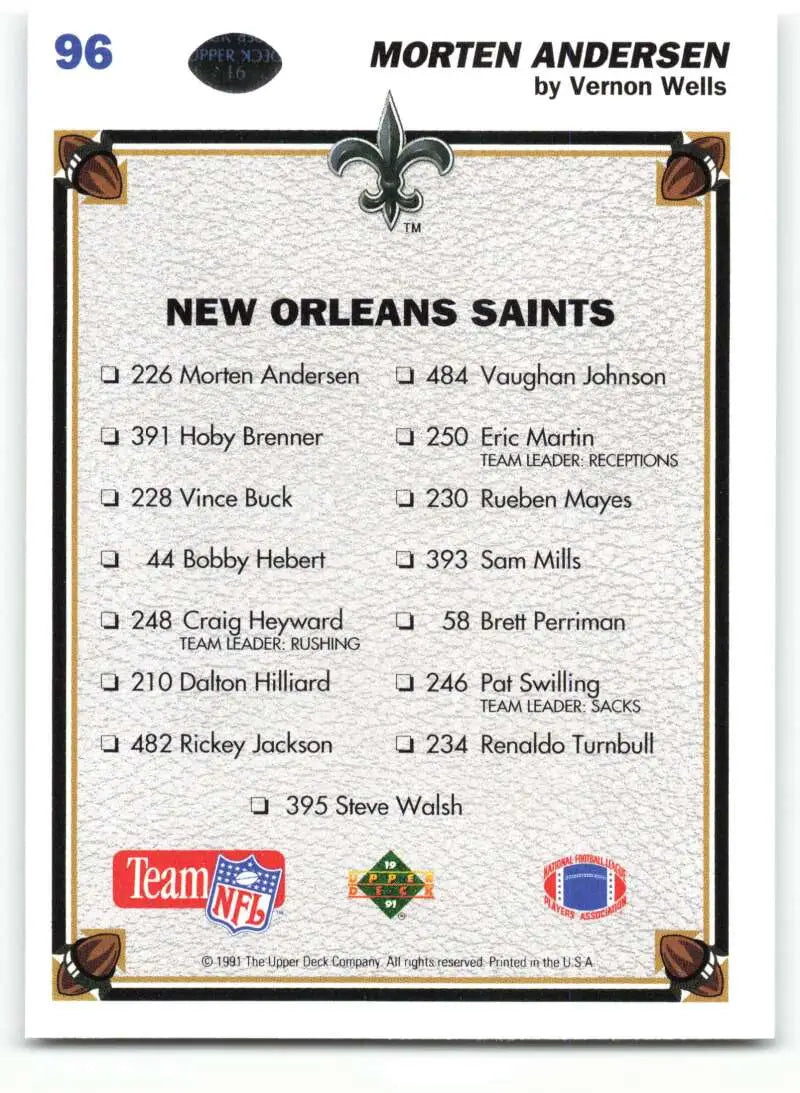 1991 Upper Deck #96 Morten Andersen NM-MT New Orleans Saints Football Card - Football Card Single