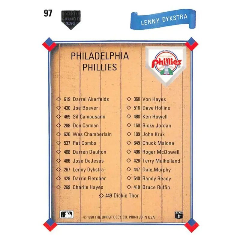 1991 Upper Deck #97 Lenny Dykstra EX Excellent Philadelphia Phillies Baseball Card - Baseball Card Single