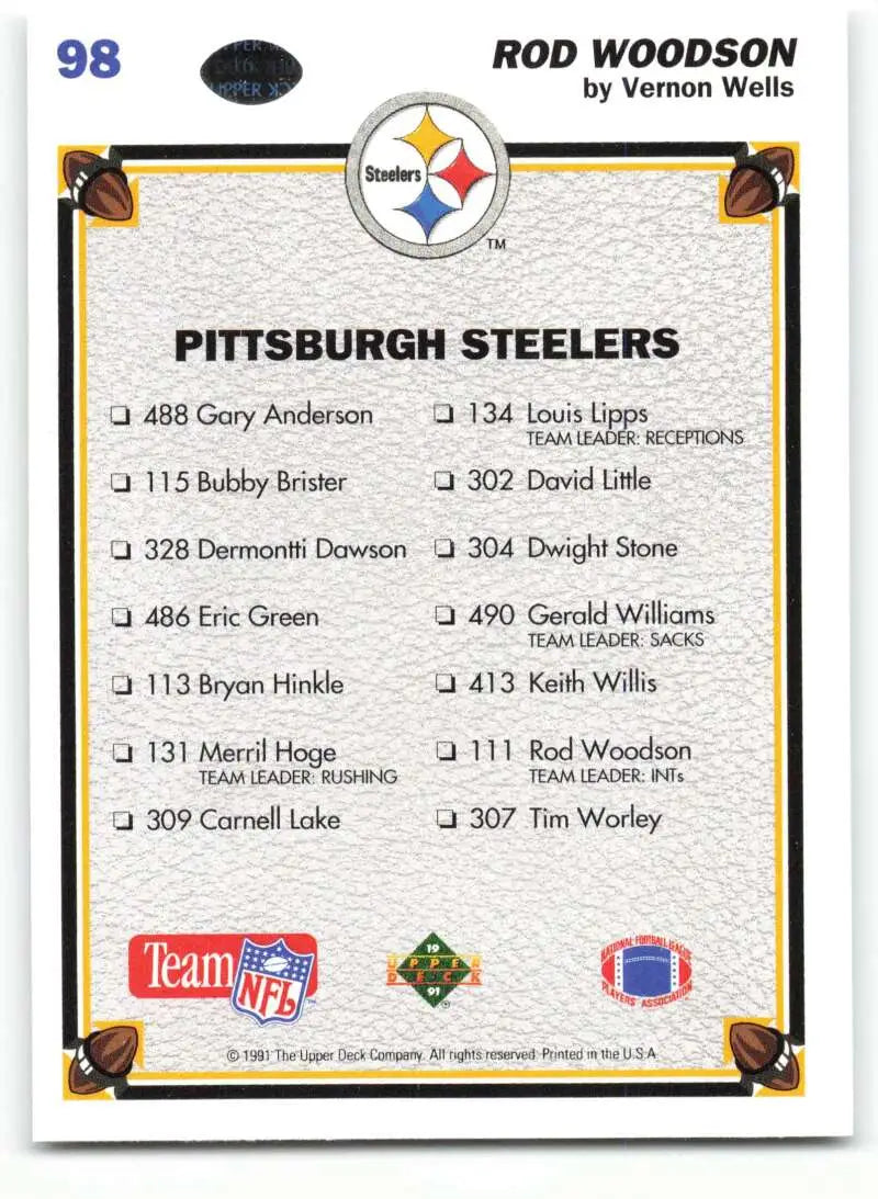 1991 Upper Deck #98 Rod Woodson NM-MT Pittsburgh Steelers Football Card - Football Card Single