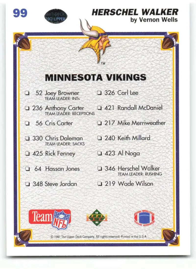 1991 Upper Deck #99 Herschel Walker NM-MT Minnesota Vikings Football Card - Football Card Single