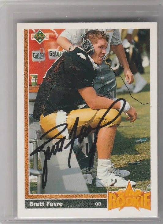 Autographed 1991 Upper Deck Auto Brett Farve card with COA, featuring a quarterback