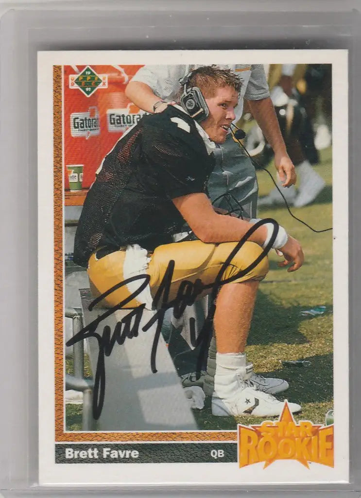 Autographed 1991 Upper Deck Auto Brett Farve card with COA, featuring a quarterback