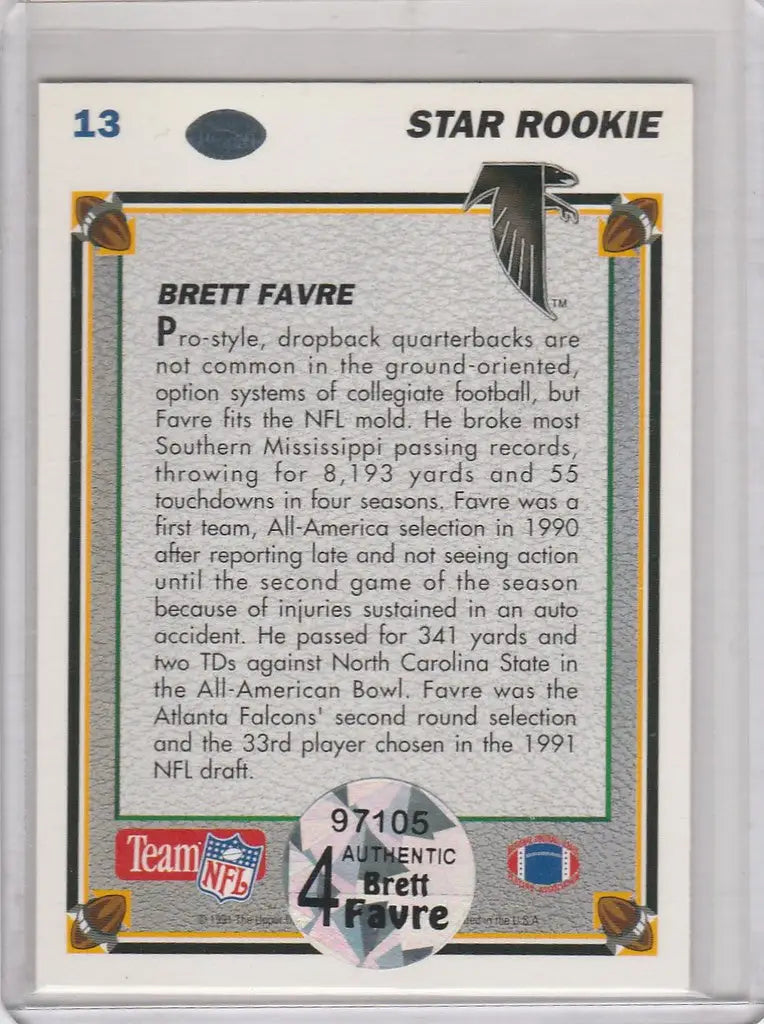 Football trading card of Brett Favre as a Star Rookie in Upper Deck AUTO design
