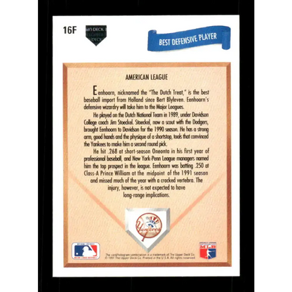 1991 Upper Deck Final Edition #16 Robert Eenhoorn EX Excellent RC Rookie New York Yankees Baseball Card - Baseball Card