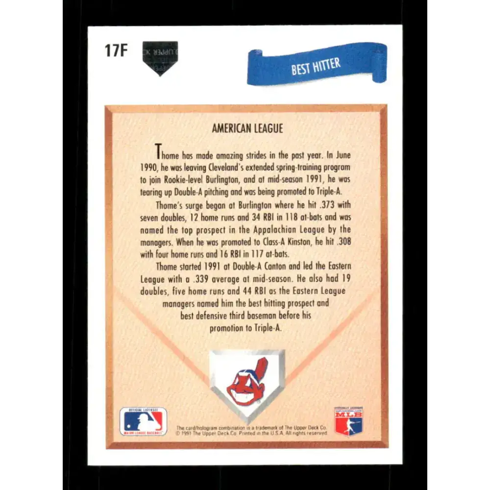 1991 Upper Deck Final Edition #17 Jim Thome EX Excellent RC Rookie Cleveland Indians Baseball Card - Baseball Card