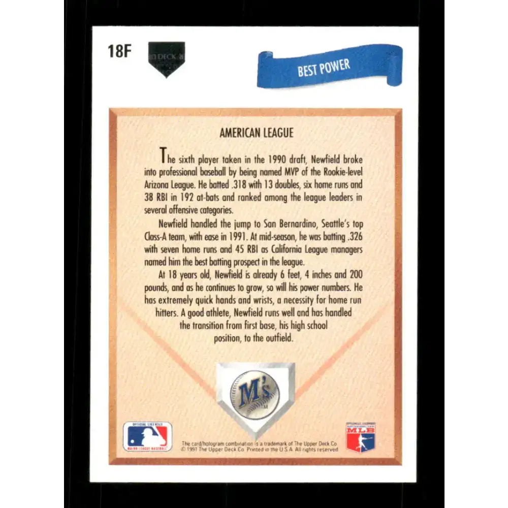1991 Upper Deck Final Edition #18 Marc Newfield EX Excellent RC Rookie Seattle Mariners Baseball Card - Baseball Card