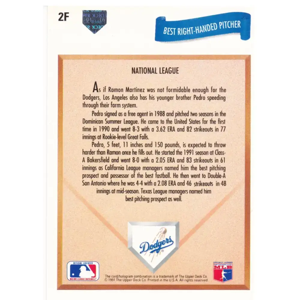 1991 Upper Deck Final Edition #2 Pedro Martinez EX Excellent RC Rookie Los Angeles Dodgers Baseball Card - Baseball