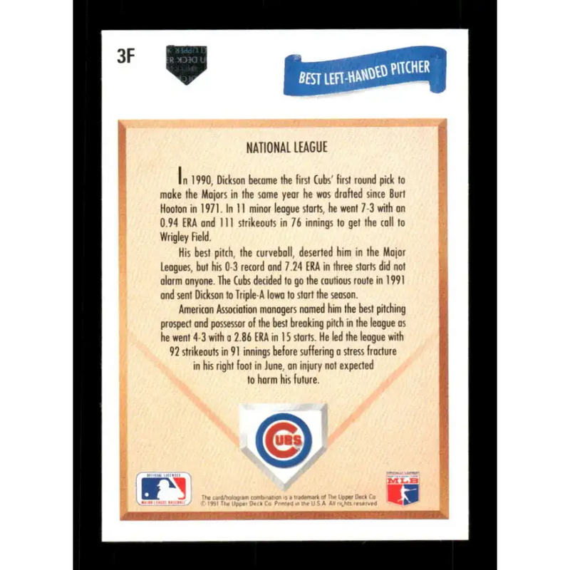 1991 Upper Deck Final Edition #3 Lance Dickson EX Excellent Chicago Cubs Baseball Card - Baseball Card Single
