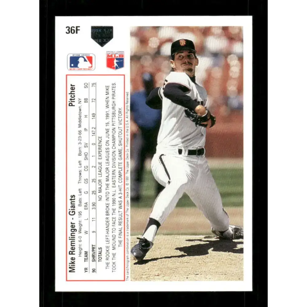 1991 Upper Deck Final Edition #36 Mike Remlinger EX Excellent San Francisco Giants Baseball Card - Baseball Card Single