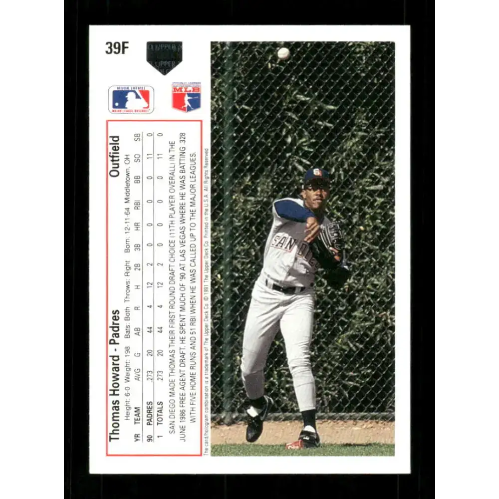 1991 Upper Deck Final Edition #39 Thomas Howard EX Excellent San Diego Padres Baseball Card - Baseball Card Single