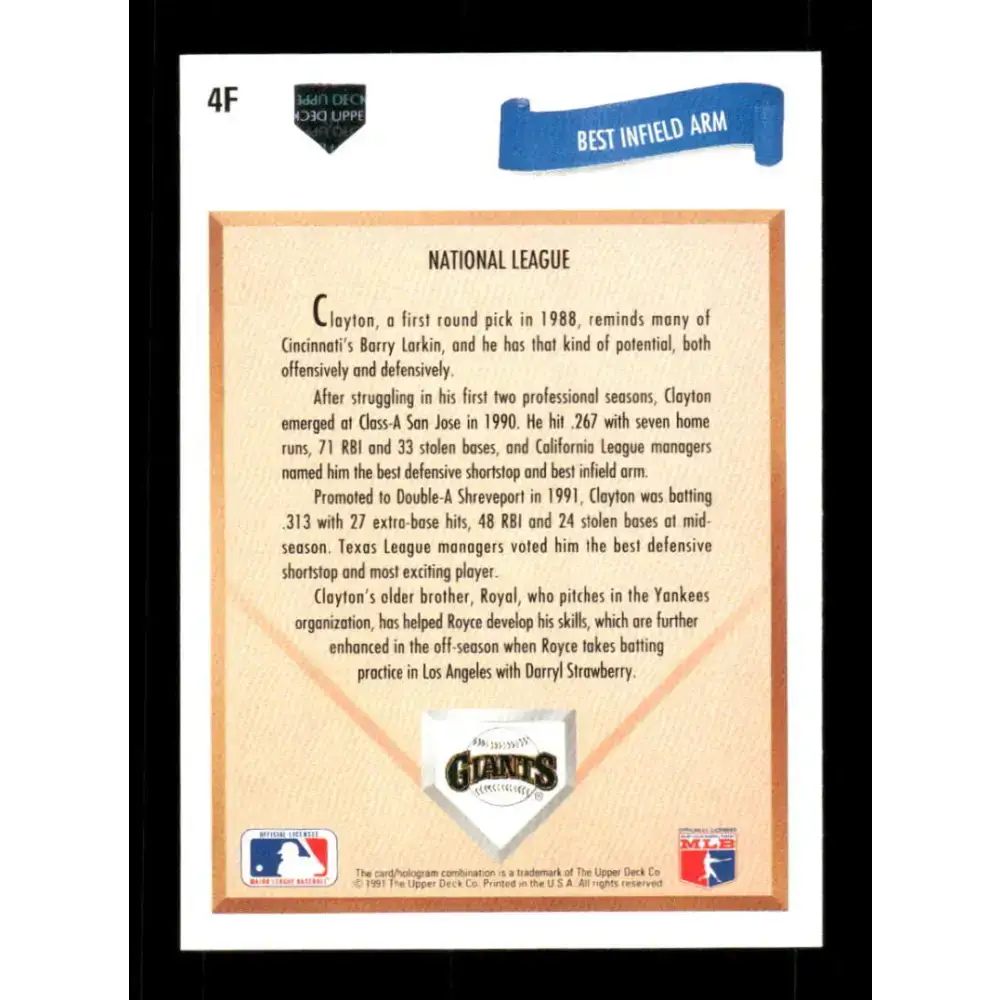 1991 Upper Deck Final Edition #4 Royce Clayton EX Excellent San Francisco Giants Baseball Card - Baseball Card Single