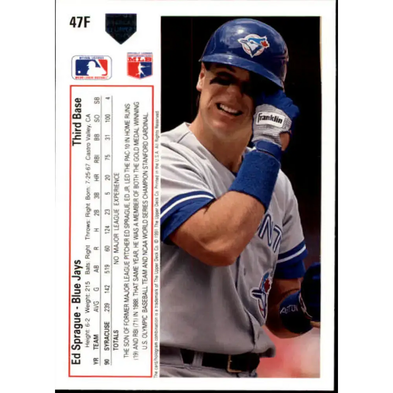 1991 Upper Deck Final Edition #47 Ed Sprague EX Excellent Toronto Blue Jays Baseball Card - Baseball Card Single