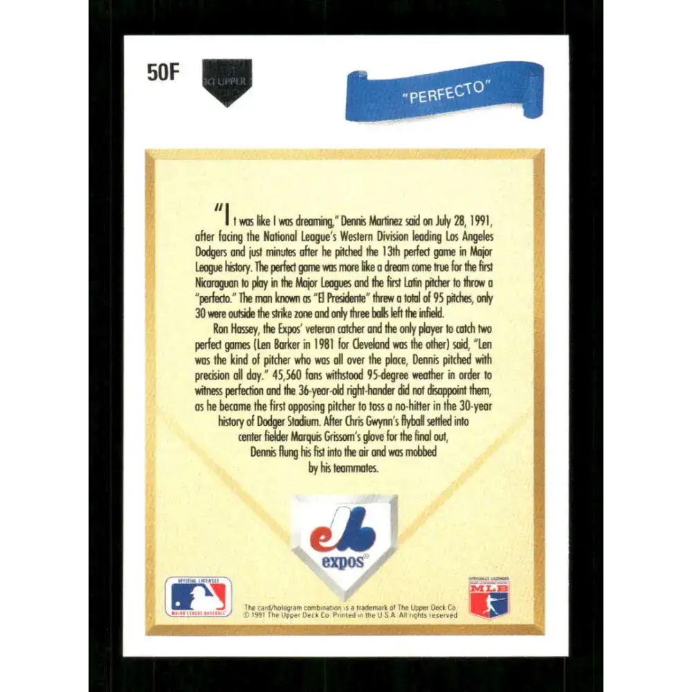 1991 Upper Deck Final Edition #50 Dennis Martinez EX Excellent Montreal Expos Baseball Card - Baseball Card Single