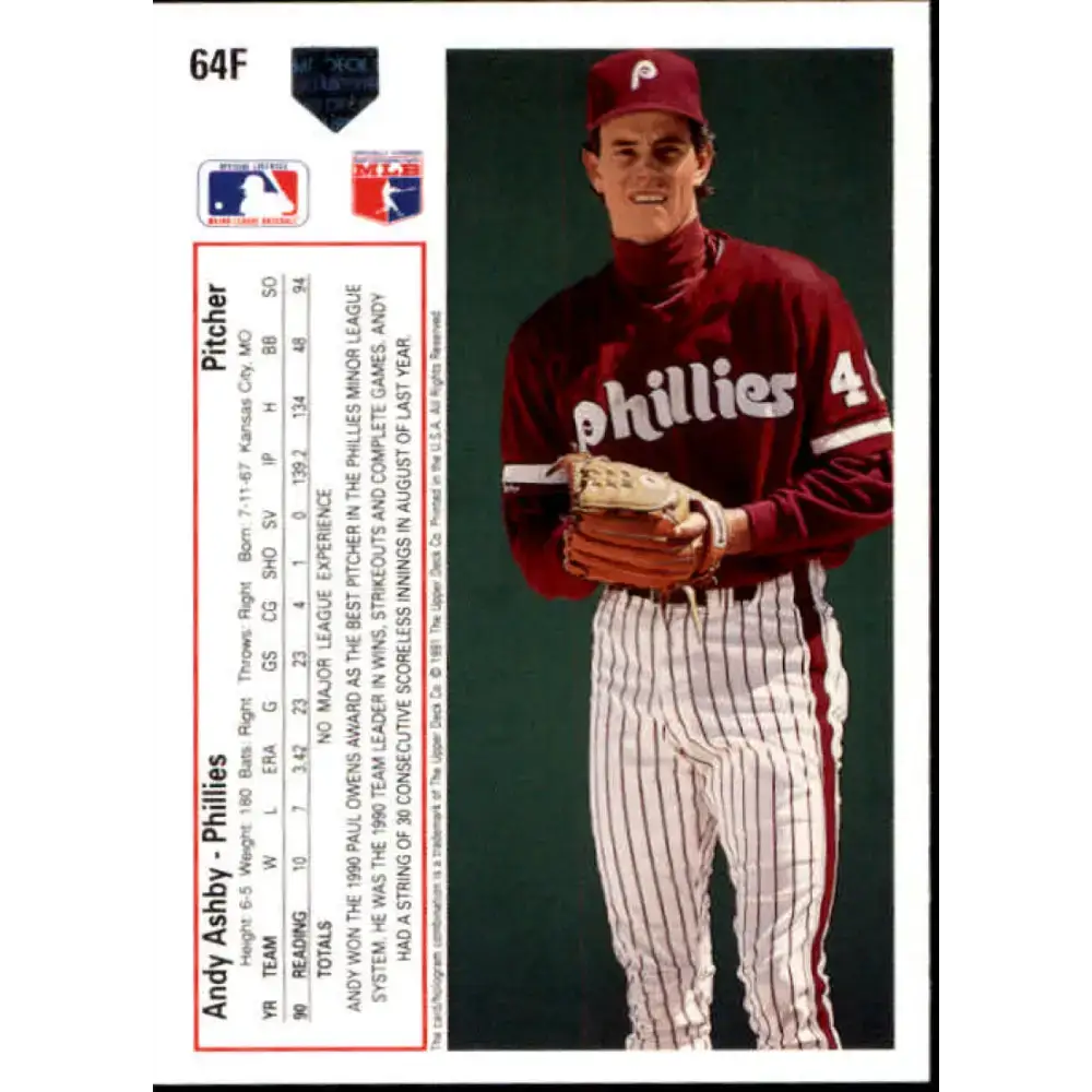 1991 Upper Deck Final Edition #64 Andy Ashby EX Excellent RC Rookie Philadelphia Phillies Baseball Card - Baseball Card