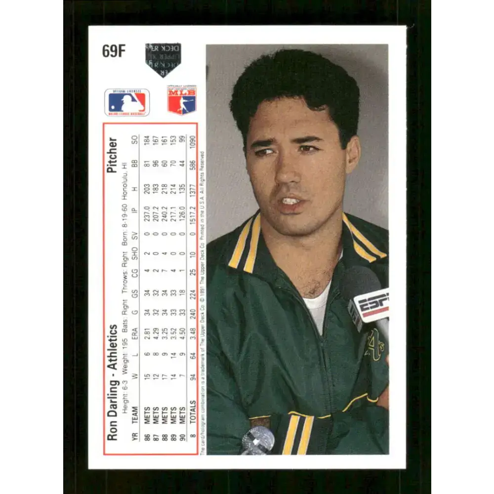 1991 Upper Deck Final Edition #69 Ron Darling EX Excellent Oakland Athletics Baseball Card - Baseball Card Single