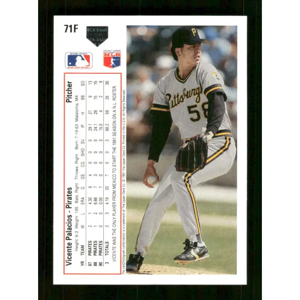 1991 Upper Deck Final Edition #71 Vicente Palacios EX Excellent Pittsburgh Pirates Baseball Card - Baseball Card Single