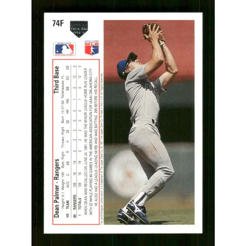1991 Upper Deck Final Edition #74 Dean Palmer EX Excellent Texas Rangers Baseball Card - Baseball Card Single