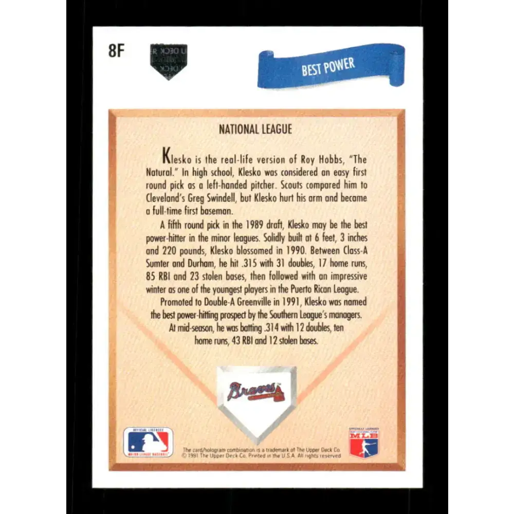 1991 Upper Deck Final Edition #8 Ryan Klesko EX Excellent RC Rookie Atlanta Braves Baseball Card - Baseball Card Single