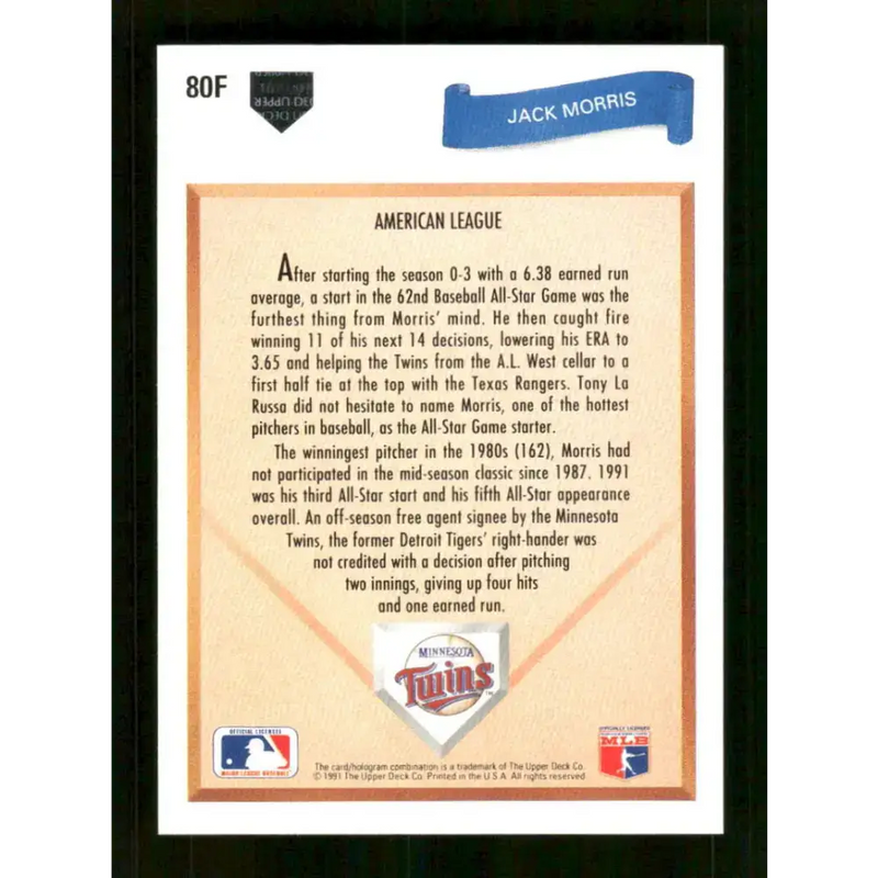 1991 Upper Deck Final Edition #80 Jack Morris EX Excellent Minnesota Twins Baseball Card - Baseball Card Single