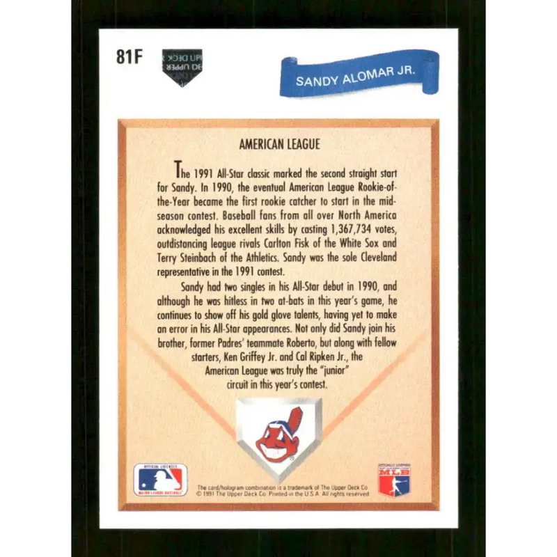 1991 Upper Deck Final Edition #81 Sandy Alomar Jr. EX Excellent Cleveland Indians Baseball Card - Baseball Card Single