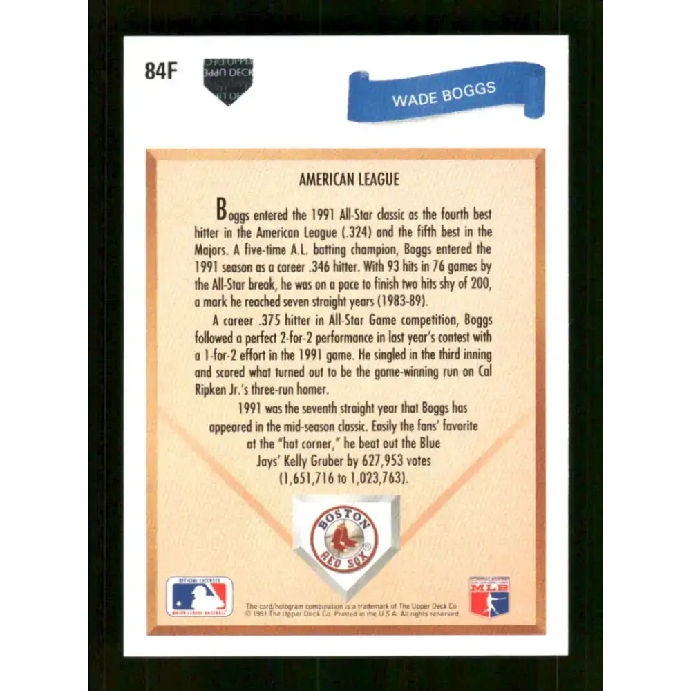 1991 Upper Deck Final Edition #84 Wade Boggs EX Excellent Boston Red Sox Baseball Card - Baseball Card Single