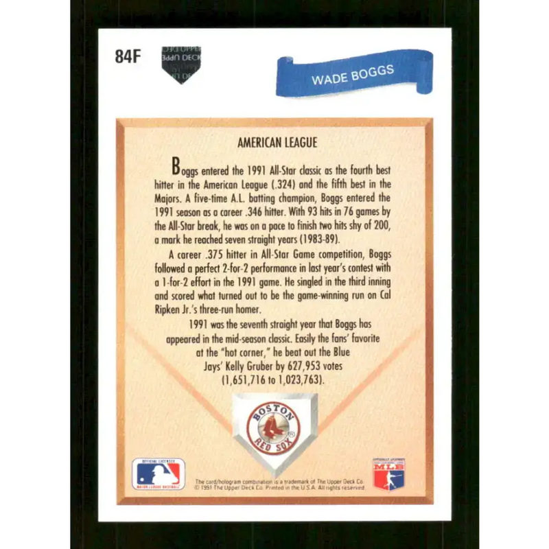 1991 Upper Deck Final Edition #84 Wade Boggs EX Excellent Boston Red Sox Baseball Card - Baseball Card Single