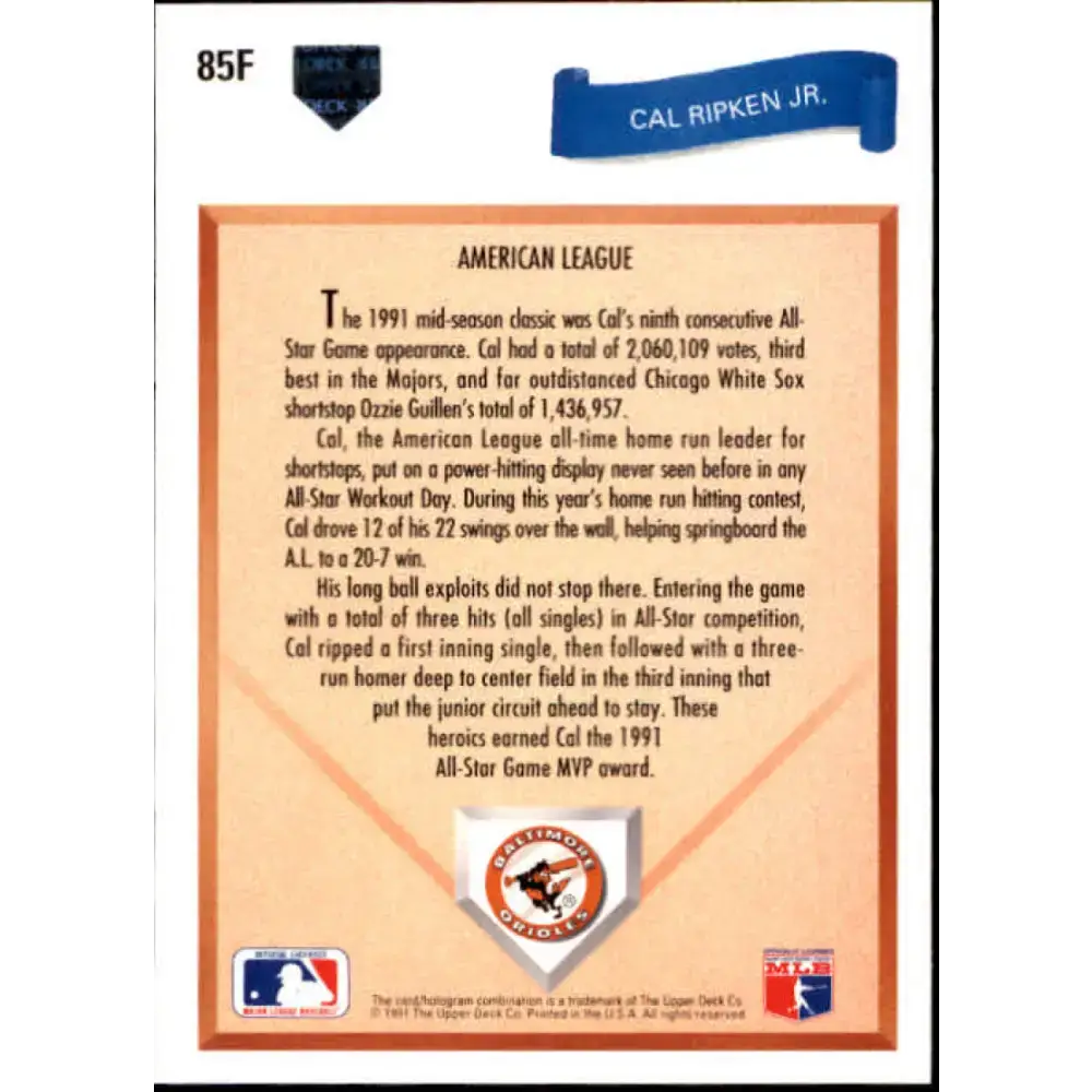 1991 Upper Deck Final Edition #85 Cal Ripken Jr. EX Excellent Baltimore Orioles Baseball Card - Baseball Card Single