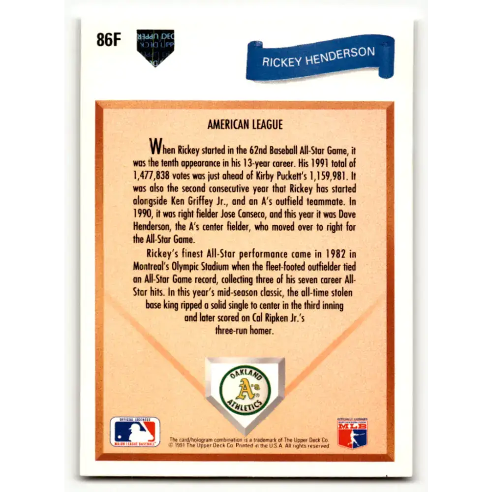 1991 Upper Deck Final Edition #86 Rickey Henderson EX Excellent Oakland Athletics Baseball Card - Baseball Card