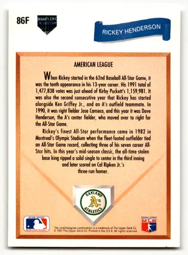 1991 Upper Deck Final Edition #86F Rickey Henderson NM Near Mint Athlet ID:63791 - Baseball Card Single