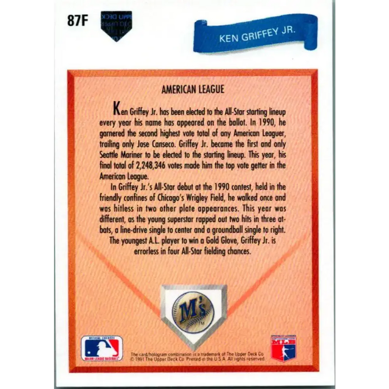 1991 Upper Deck Final Edition #87 Ken Griffey Jr. EX Excellent Seattle Mariners Baseball Card - Baseball Card Single