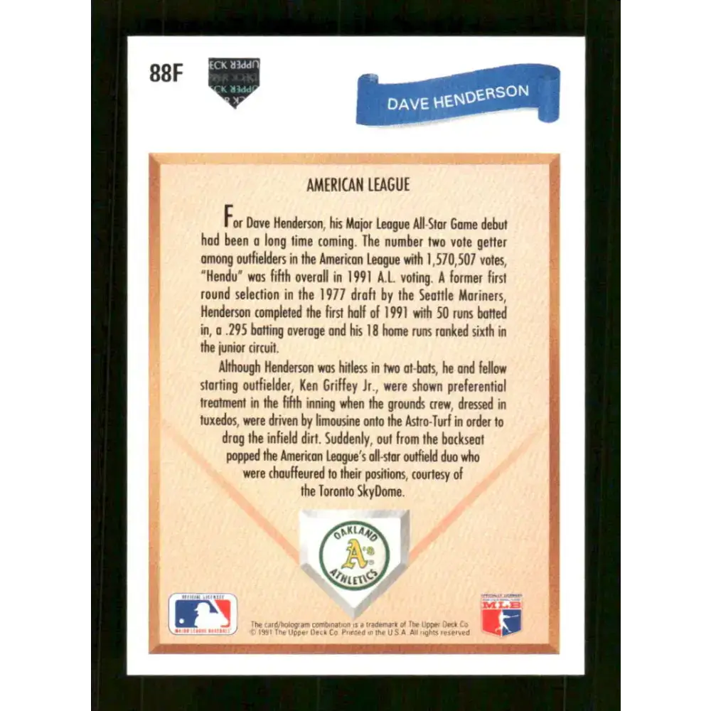 1991 Upper Deck Final Edition #88 Dave Henderson EX Excellent Oakland Athletics Baseball Card - Baseball Card