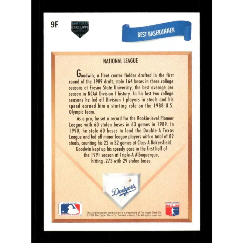 1991 Upper Deck Final Edition #9 Tom Goodwin EX Excellent Los Angeles Dodgers Baseball Card - Baseball Card Single