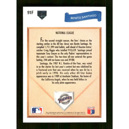 1991 Upper Deck Final Edition #91 Benito Santiago EX Excellent San Diego Padres Baseball Card - Baseball Card