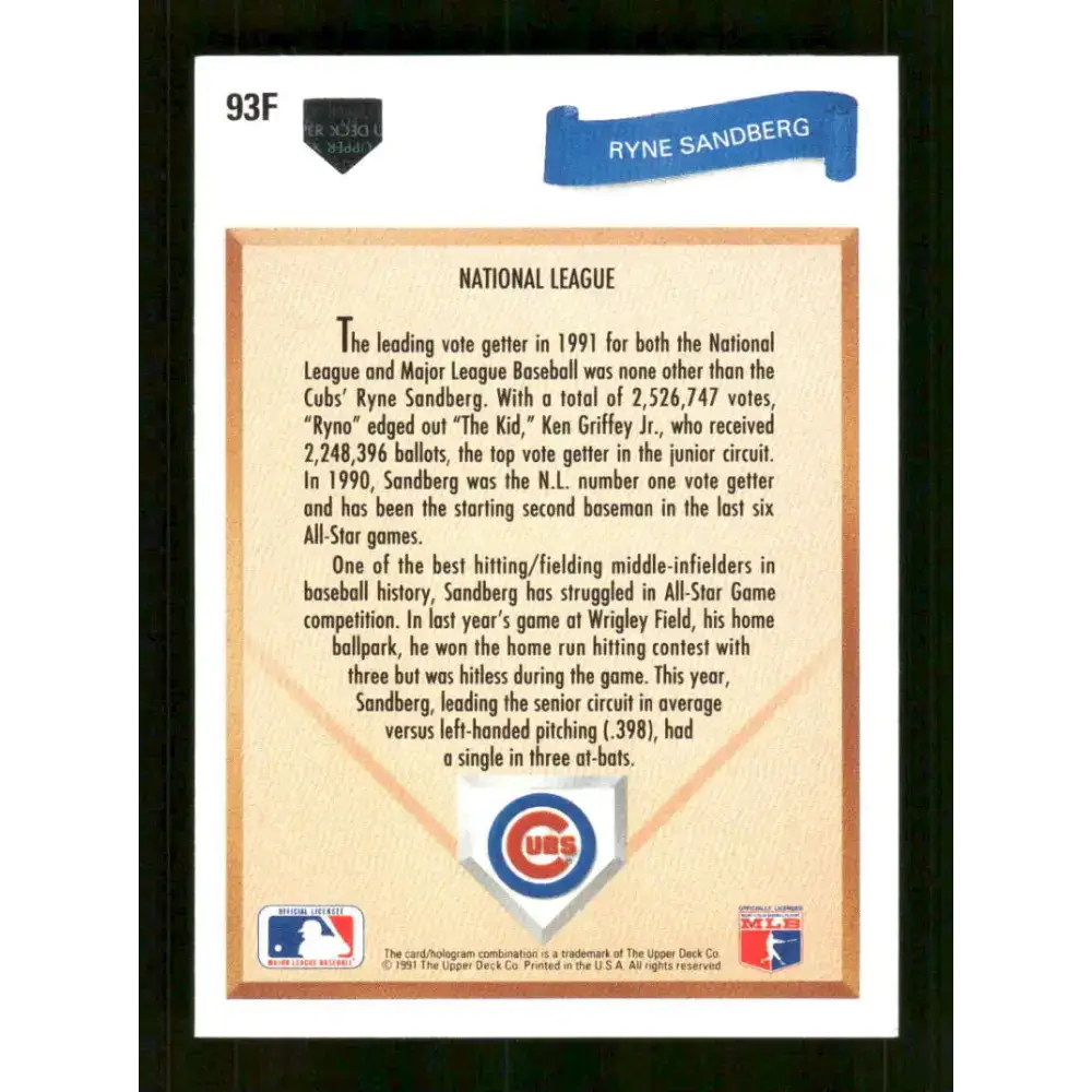 1991 Upper Deck Final Edition #93 Ryne Sandberg EX Excellent Chicago Cubs Baseball Card - Baseball Card