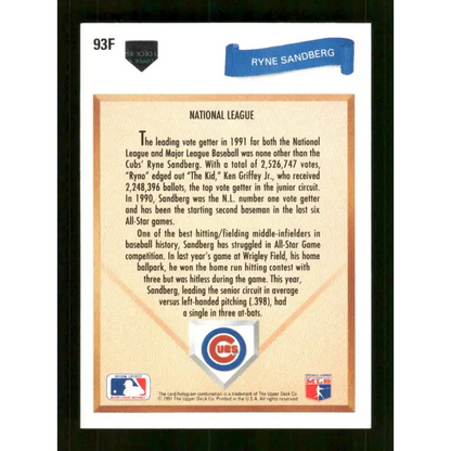 1991 Upper Deck Final Edition #93 Ryne Sandberg EX Excellent Chicago Cubs Baseball Card - Baseball Card
