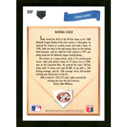 1991 Upper Deck Final Edition #94 Chris Sabo EX Excellent Cincinnati Reds Baseball Card - Trading Cards