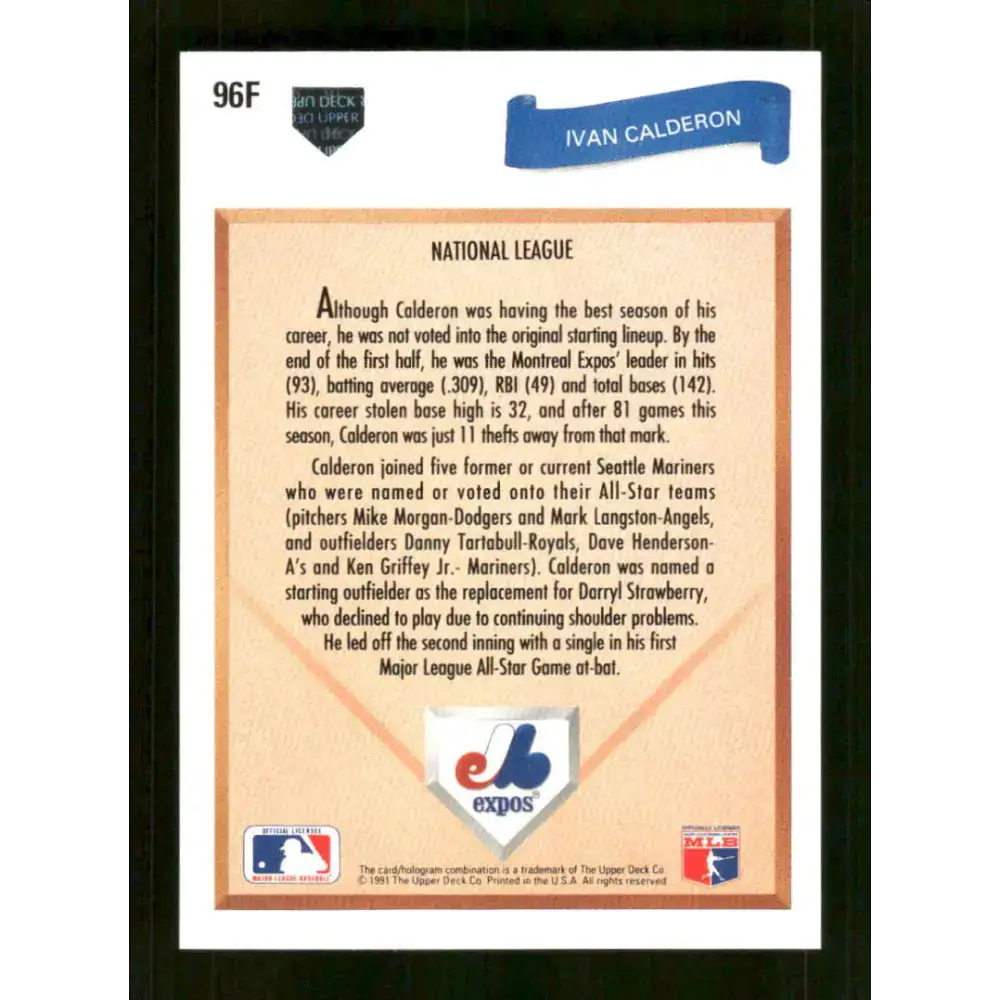 1991 Upper Deck Final Edition #96 Ivan Calderon EX Excellent Montreal Expos Baseball Card - Baseball Card