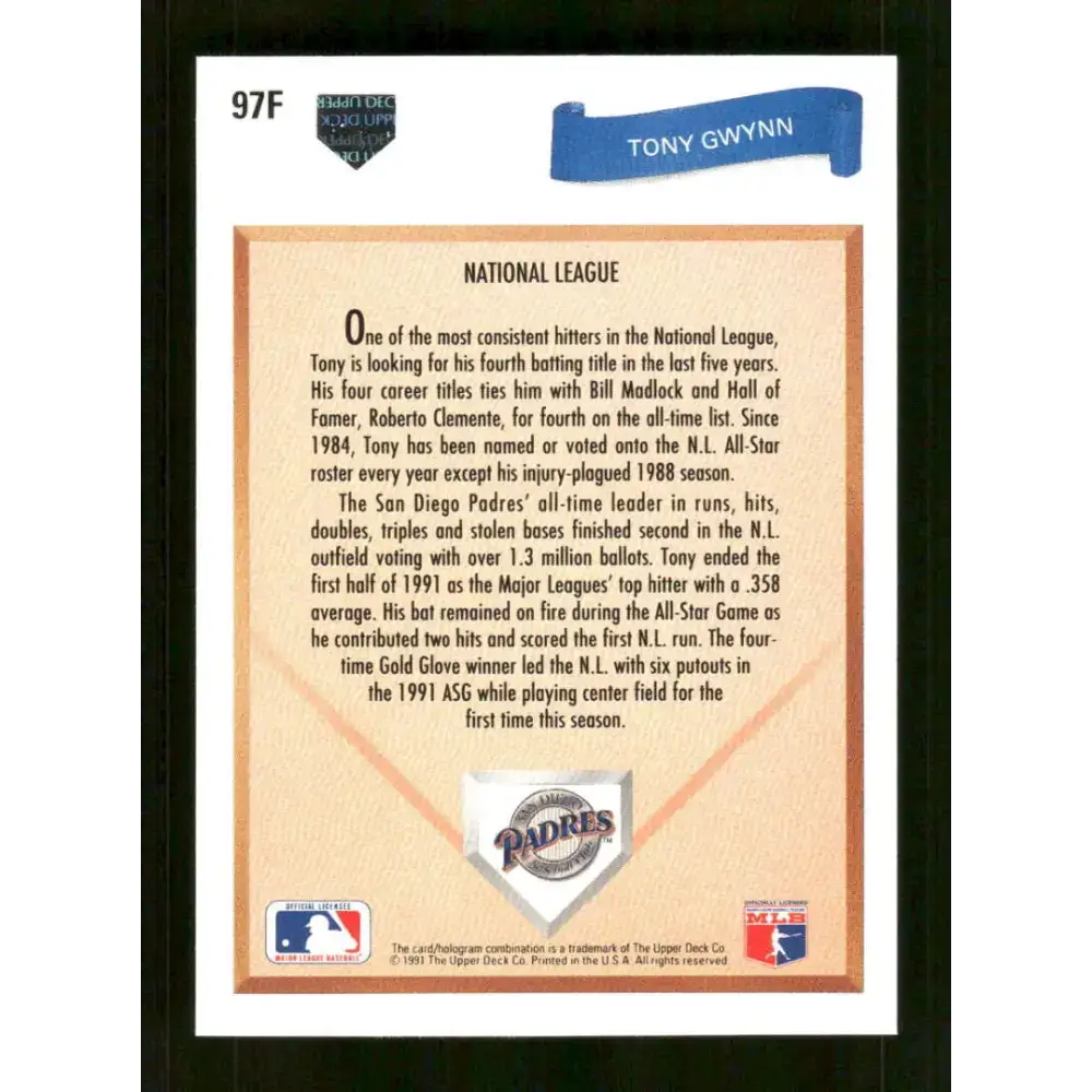 1991 Upper Deck Final Edition #97 Tony Gwynn EX Excellent San Diego Padres Baseball Card - Baseball Card