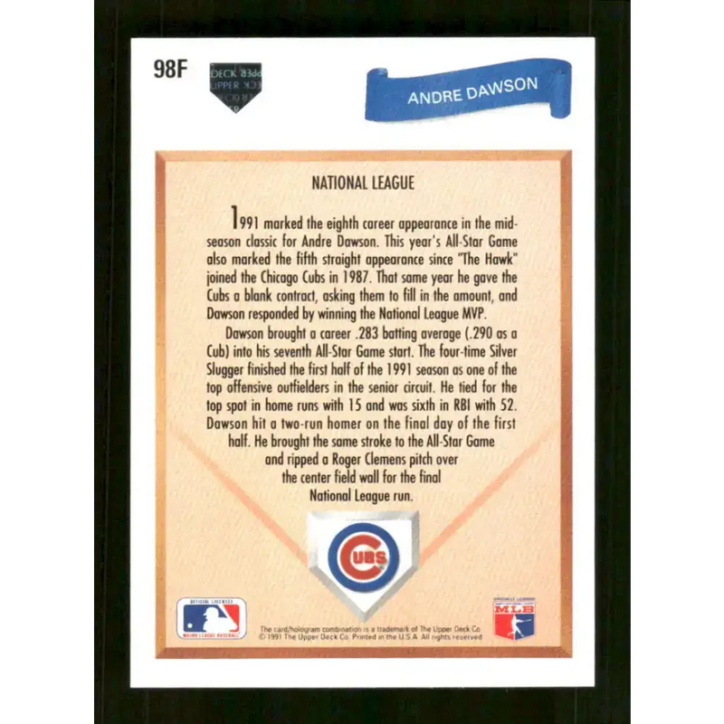 1991 Upper Deck Final Edition #98 Andre Dawson EX Excellent Chicago Cubs Baseball Card - Baseball Card Single