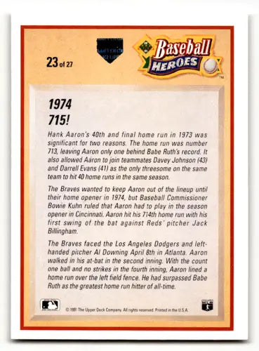 Baseball card back featuring original gloss from 1991 Upper Deck Hank Aaron Heroes