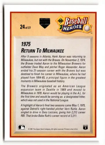 Back of 1991 Upper Deck Hank Aaron Heroes baseball card showing original gloss
