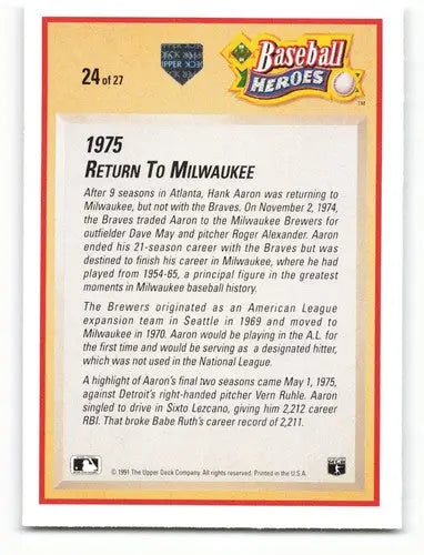 Baseball card back of 1991 Upper Deck Hank Aaron Heroes #24 Hank Aaron NM-MT