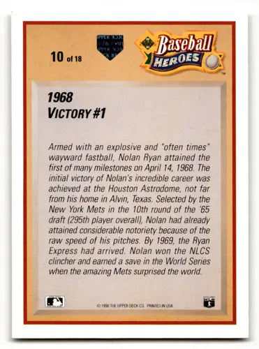 Front of 1991 Upper Deck Nolan Ryan Heroes baseball card back with original gloss